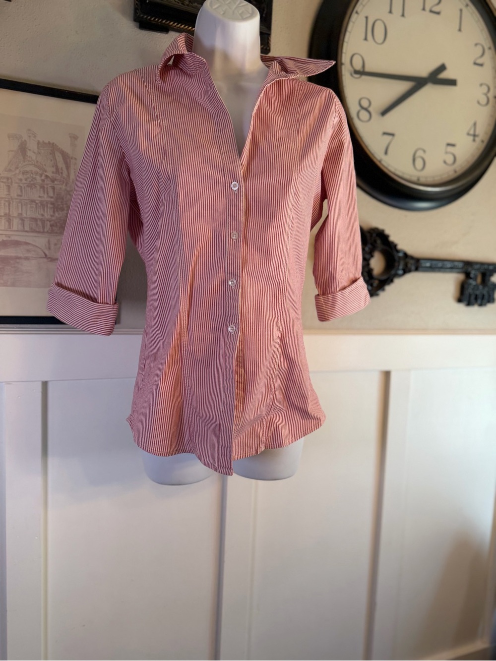 Copper Ley Red & White Pinstripe Button-Up Shirt Sz L k484